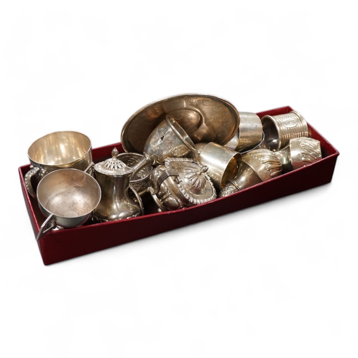 A collection of silver cruet items, napkin rings and other items various, weight approx. 15.37ozt